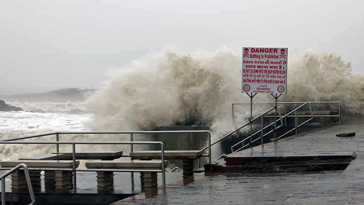   A recreational area in Gujarat is closed due to intense waves caused by Cyclone Biparjoy.