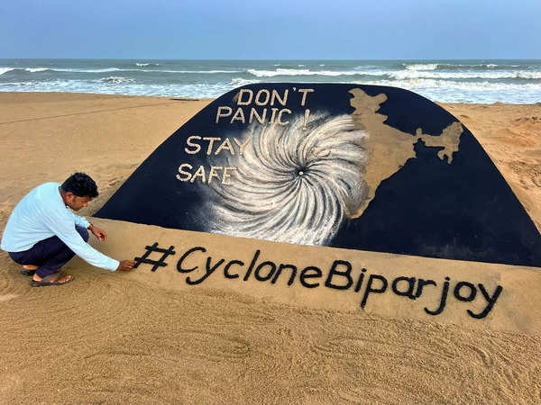 Sudharsan Patnaik shows his creativity with another sand sculpture of Cyclone Biparjoy.