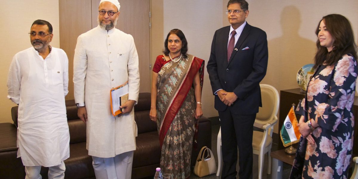 An all-party delegation including BJP leaders Baijayant Jay Panda and Nishikant Dubey, AIMIM chief Asaduddin Owaisi and others during a meeting with the Secretary of State to the Minister of Foreign Affairs of Algeria Selma Bakhta Mansouri, in Algiers, Algeria. Photo PTI