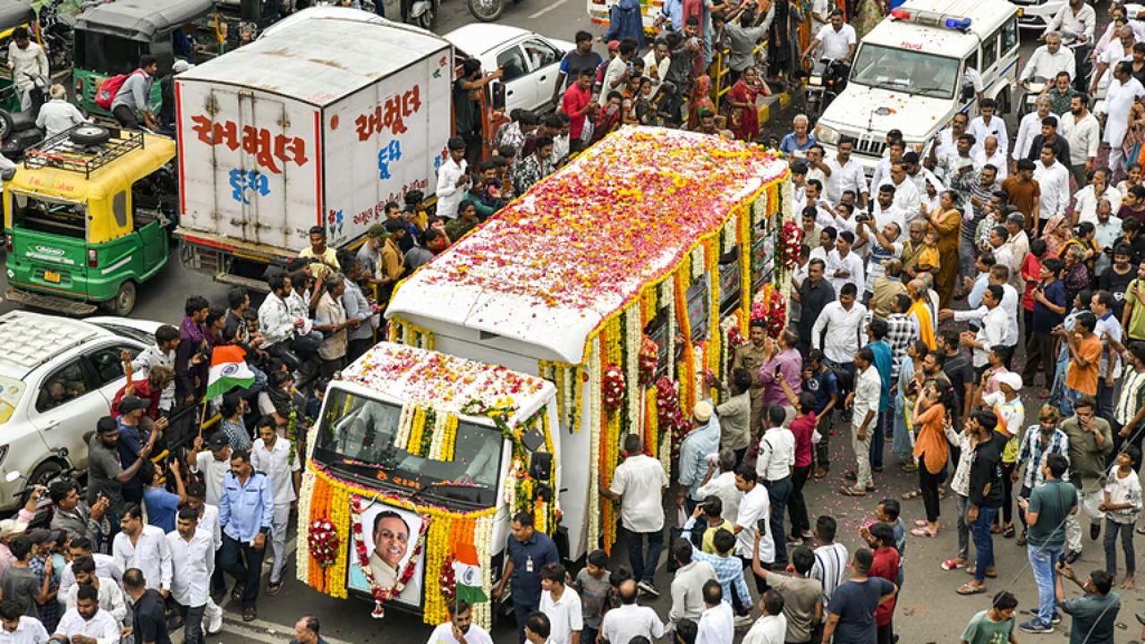 Mortal remains of former Gujarat Chief Minister Vijay Rupani being taken to his hometown, Rajkot, on Monday, June 16, 2025.