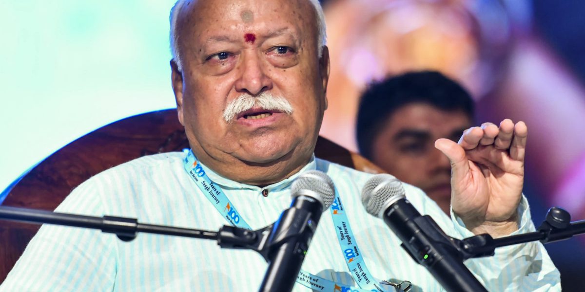 RSS chief Mohan Bhagwat addresses the “100 Years of Sangh Journey: New Horizons" event in Bengaluru on November 9, 2025. Photo: PTI